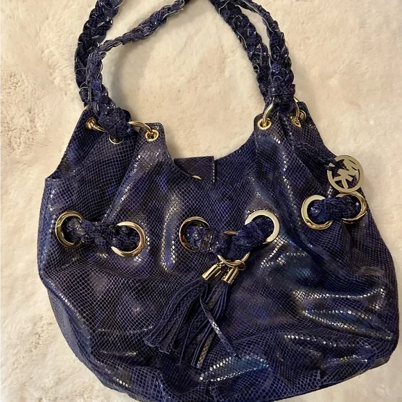 Michael Kors Blue /Black Monochrome Python-Embossed Leather Tassel Hobo - Picture 1 of 9